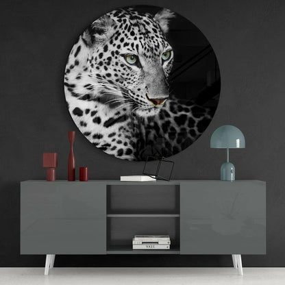 Stunning leopard tempered glass art with piercing green eyes