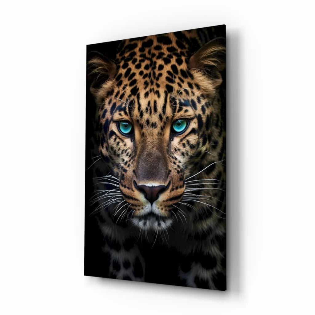 Stunning leopard glass wall art with piercing turquoise eyes
