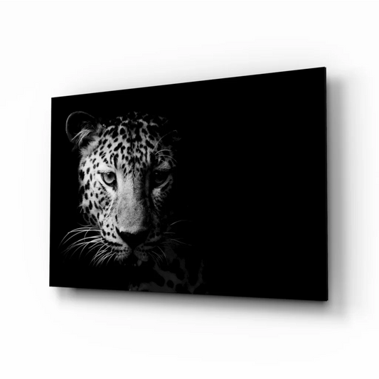 Stunning black and white leopard face canvas wall art close-up