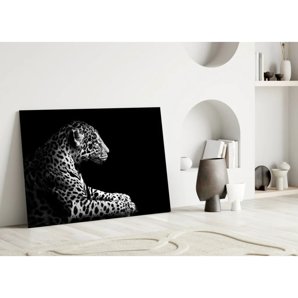 Black-and-white leopard side profile canvas wall art with spotted coat