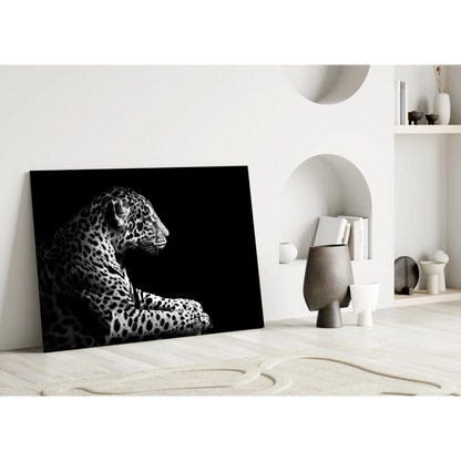 Black-and-white leopard side profile canvas wall art with spotted coat