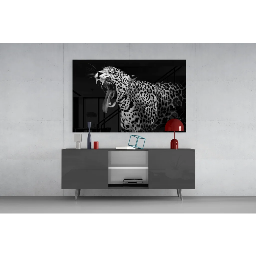 Black-and-white roaring leopard yawn wall art print