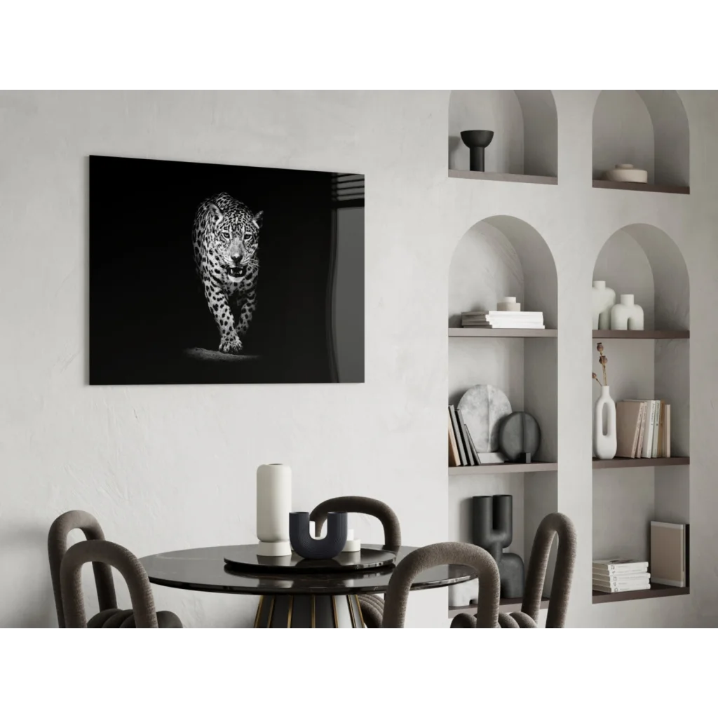 Black-and-white leopard in motion canvas wall art on wall