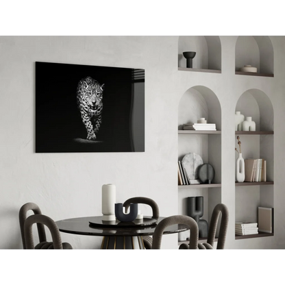 Black-and-white leopard in motion canvas wall art on wall