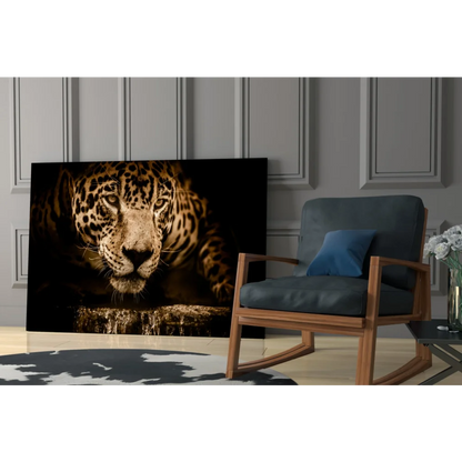 Majestic Jaguar wall art canvas with black-gold spotted fur and intense eyes