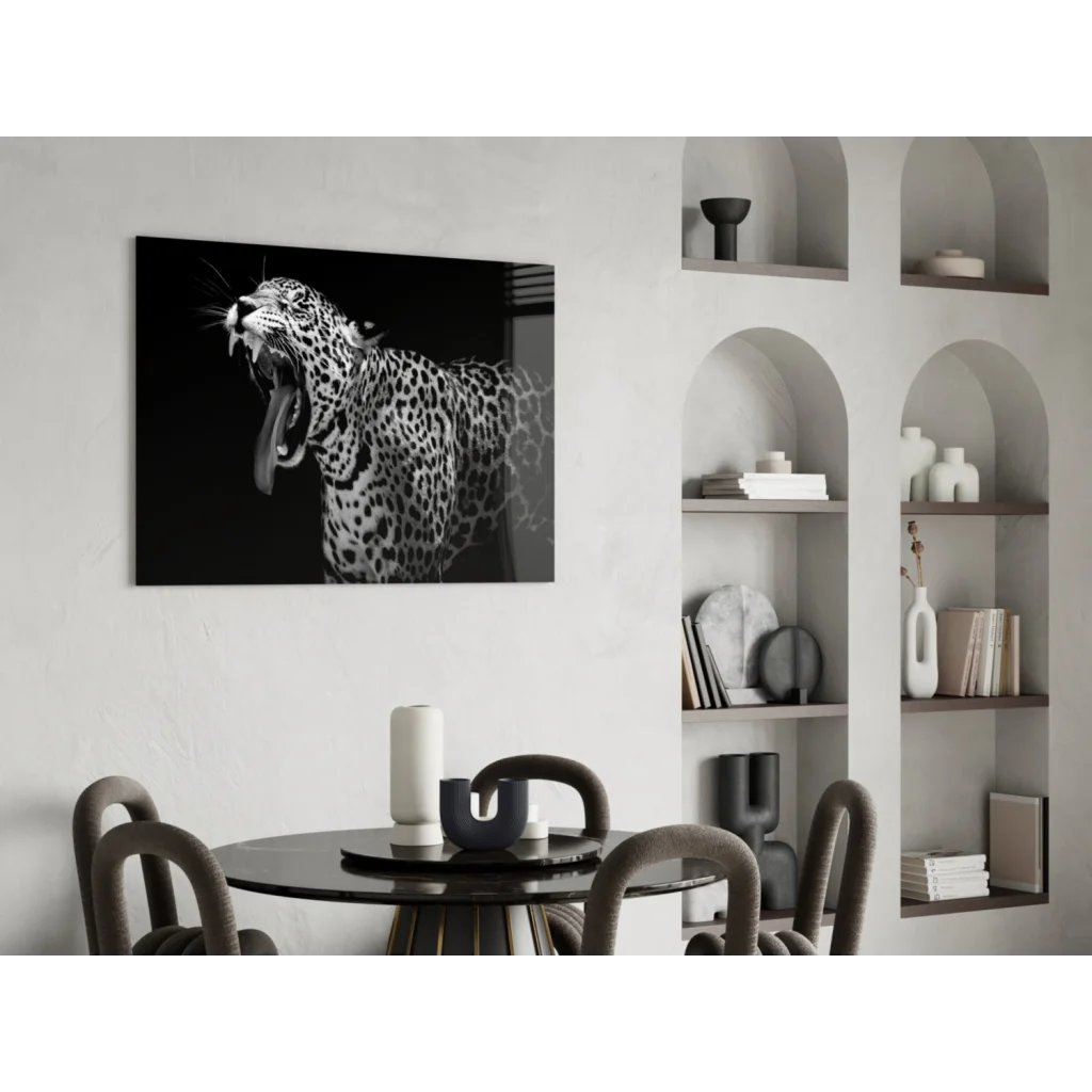Black-and-white leopard yawning wall art print