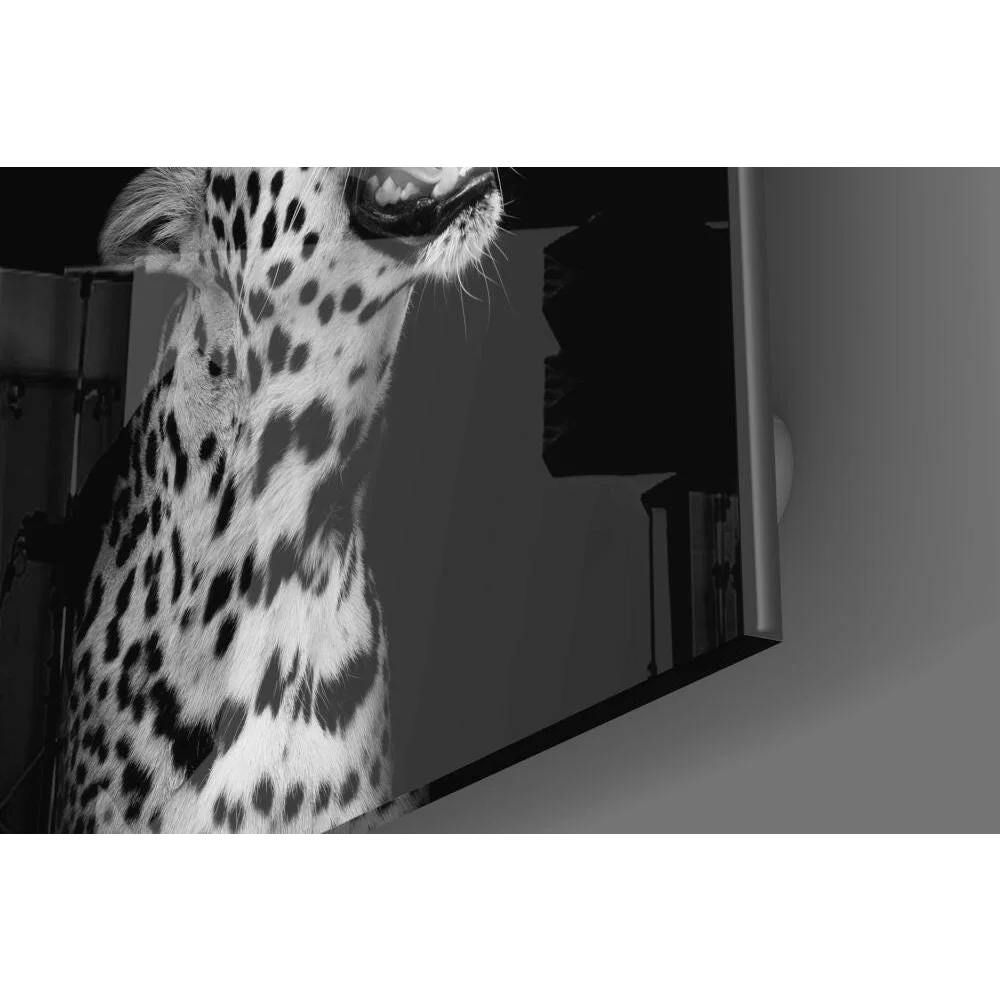 Black and white roaring leopard glass wall art print