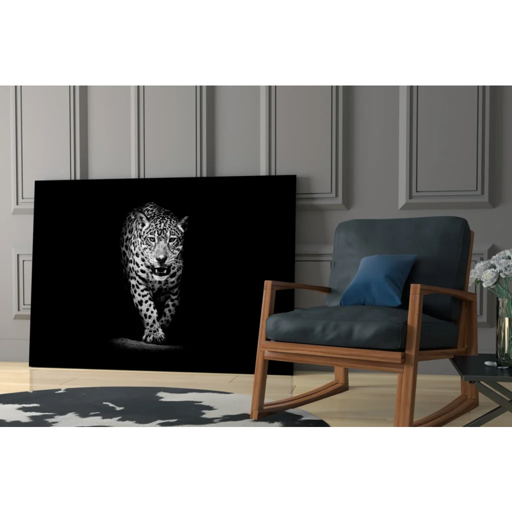 Black and white leopard in motion canvas wall art print