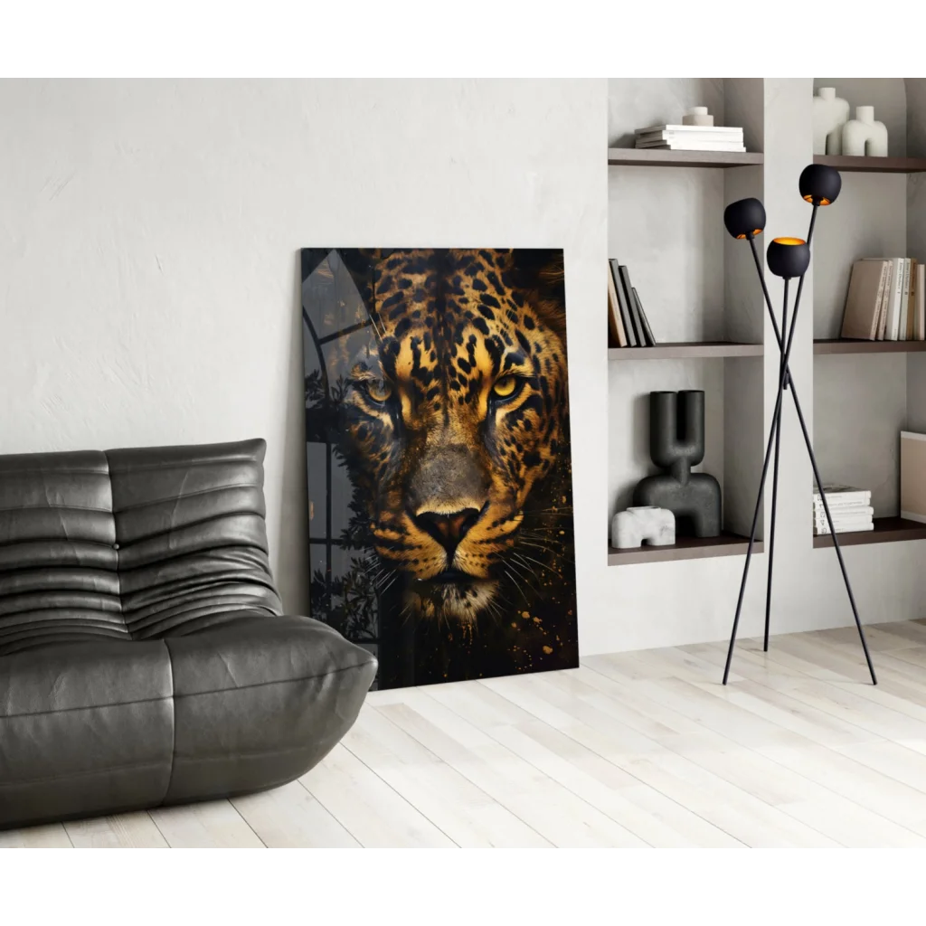 Stunning black gold leopard glass wall art portrait on canvas