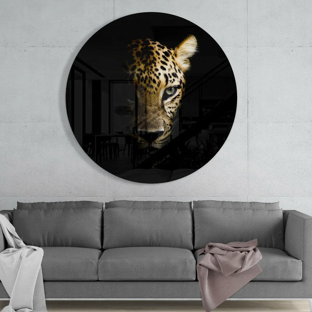 Leopard Tempered Glass Art with Size Comparison Guide | Glass Wall Art Print | vintageantiquesgifts.com
