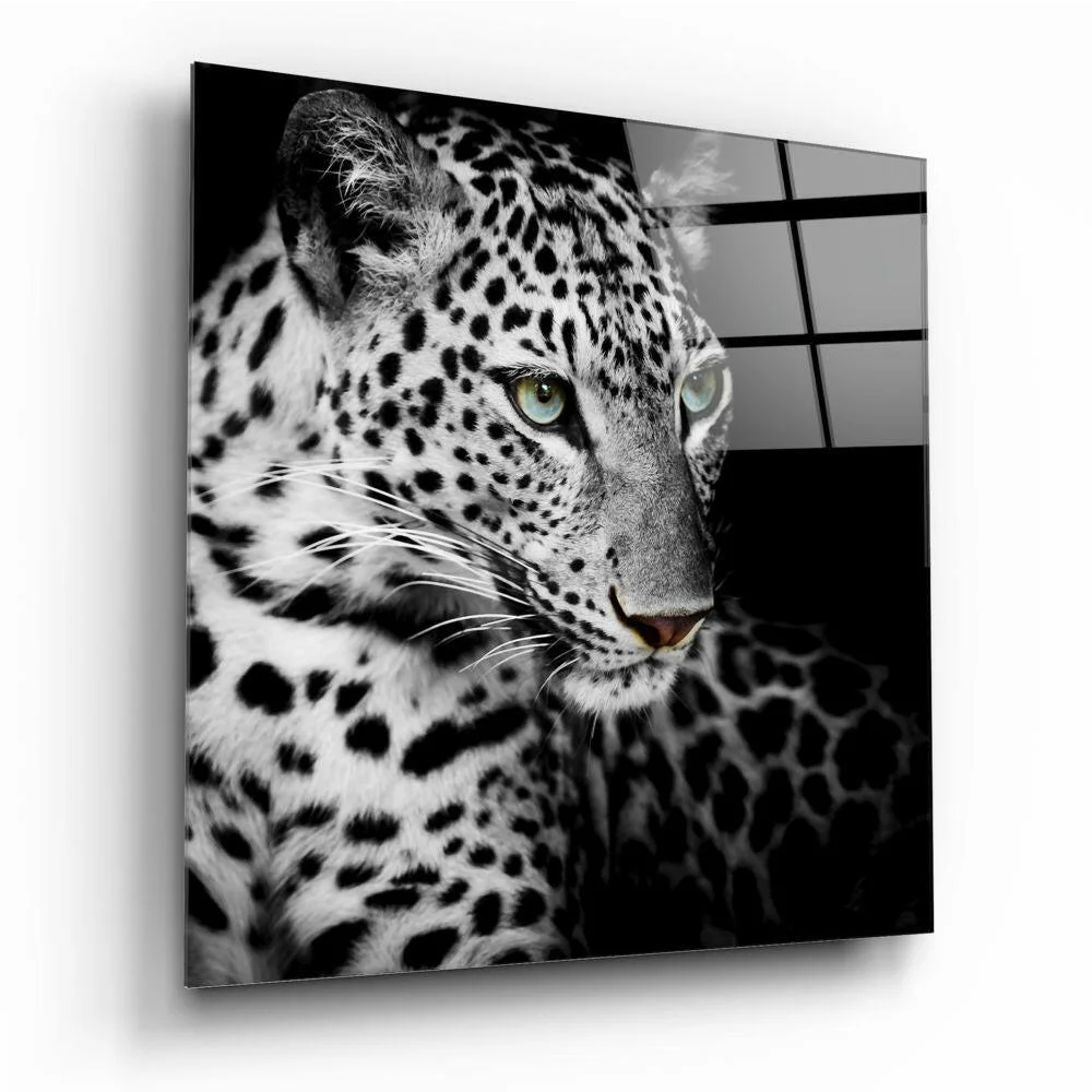 Stunning black-and-white leopard glass wall art with piercing green eyes