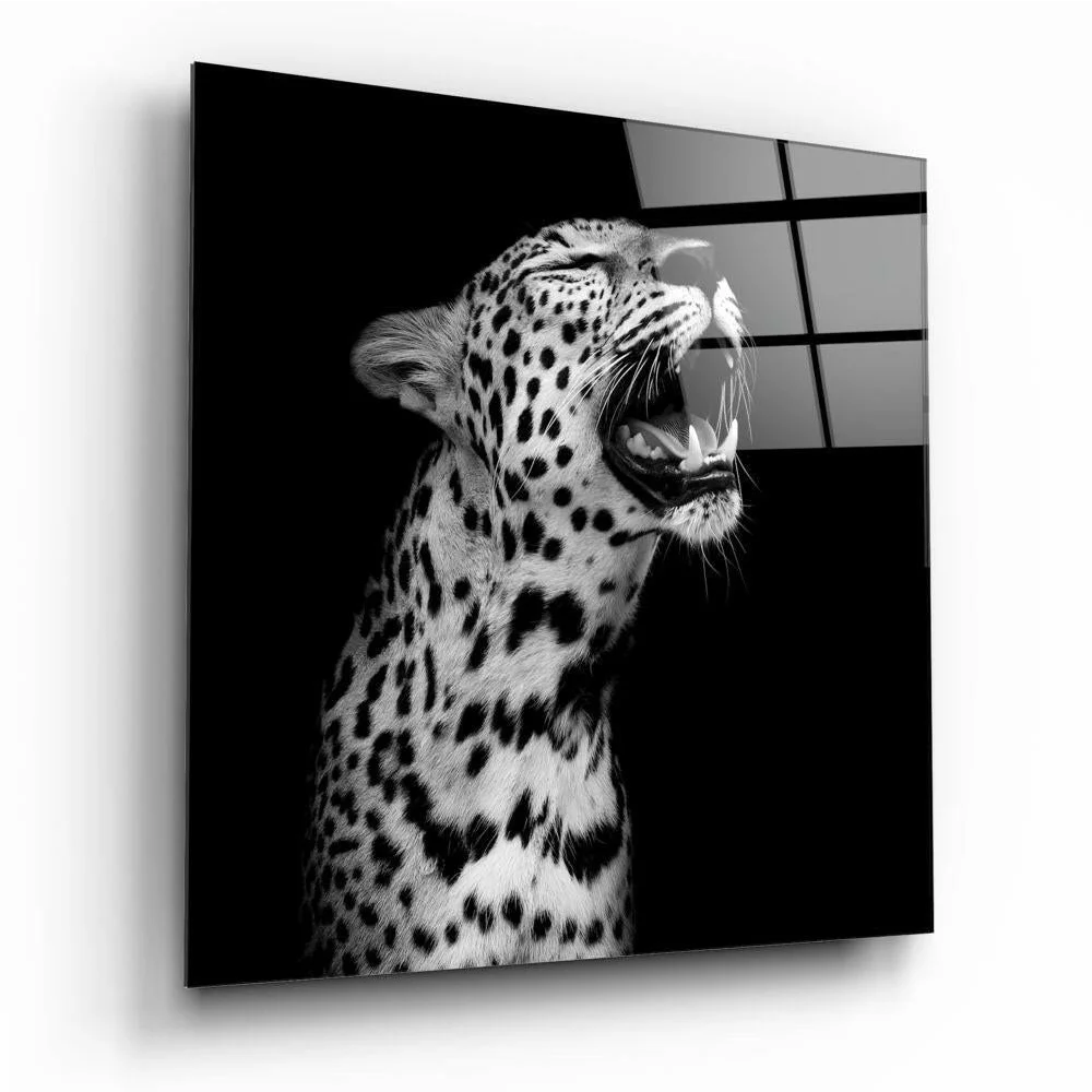 Roaring leopard glass wall art with open mouth and spotted fur