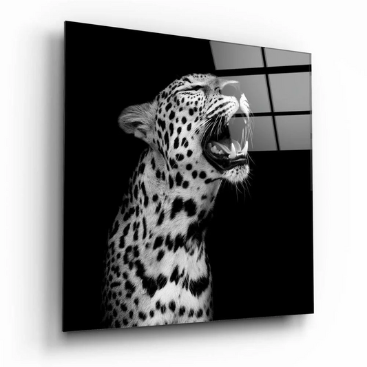 Roaring leopard glass wall art with open mouth and spotted fur