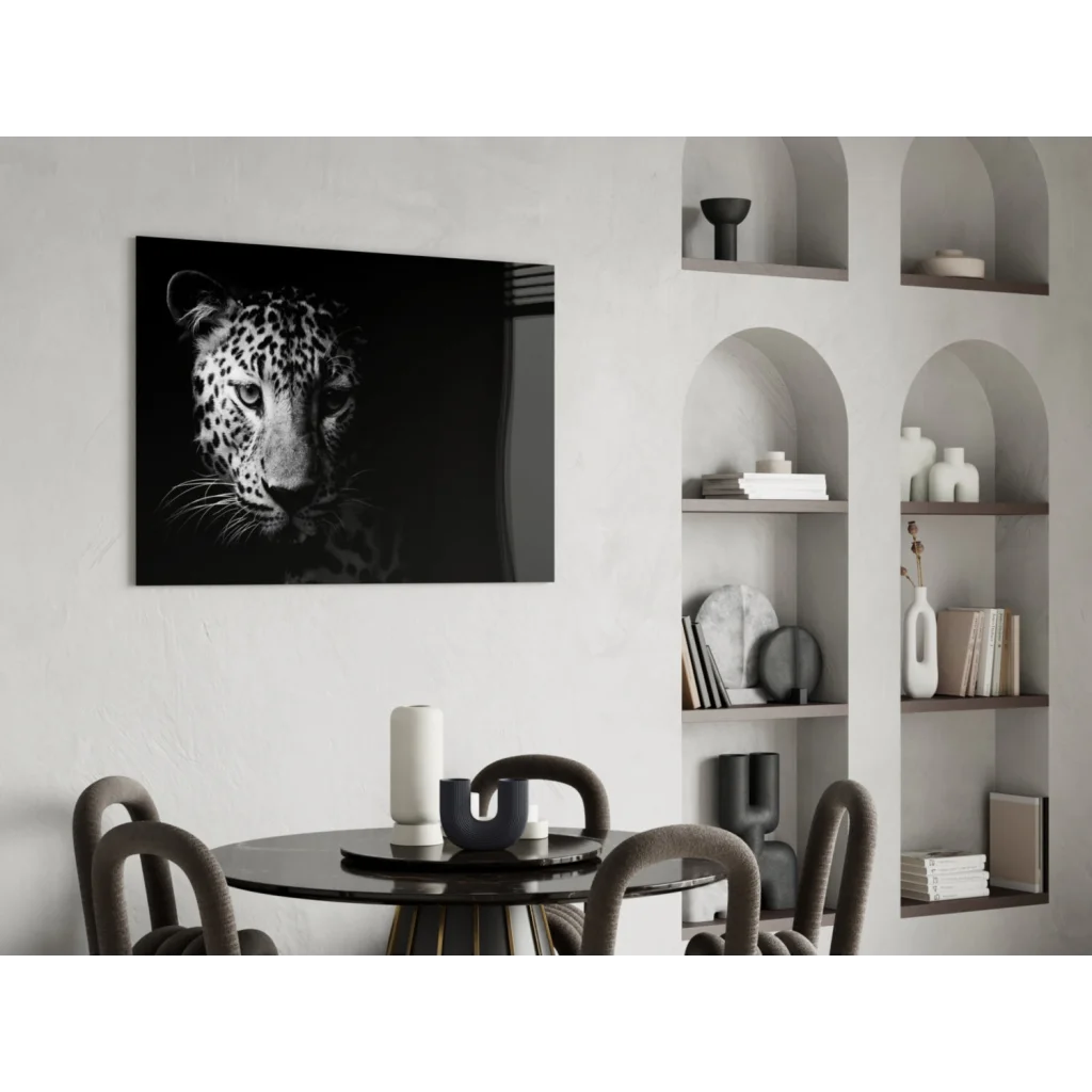 Black and white leopard portrait canvas wall art on wall