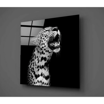 Black and white roaring leopard glass wall art print with open mouth