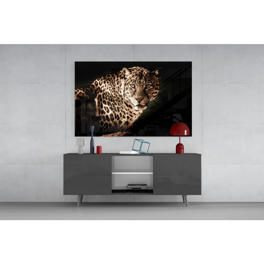 Black-and-gold leopard portrait on modern TV as glass wall art