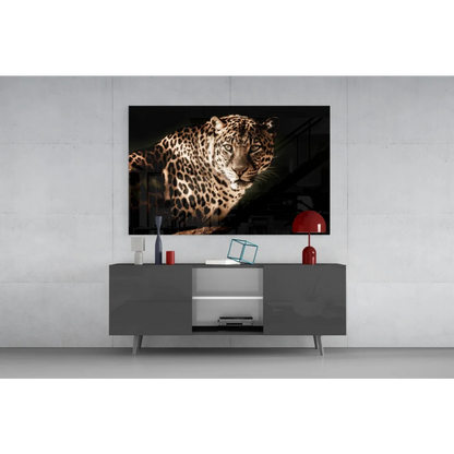 Black-and-gold leopard portrait on modern TV as glass wall art