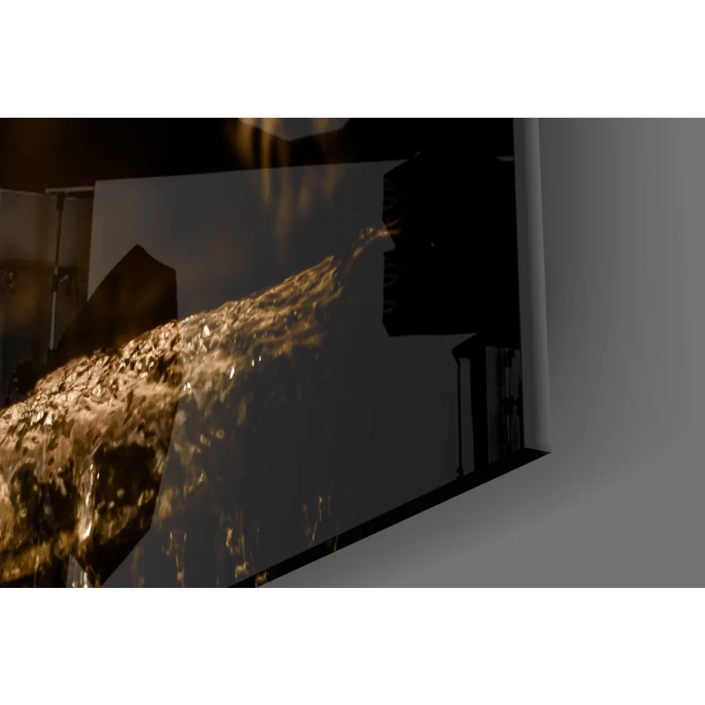 Majestic Jaguar glass wall art with shimmering liquid gold fur stream