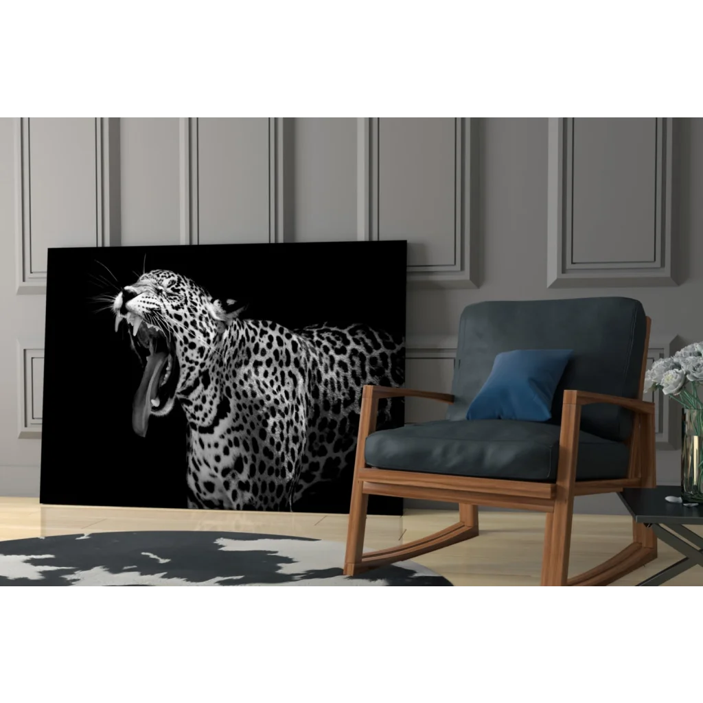 Black and white roaring leopard yawn canvas wall art print