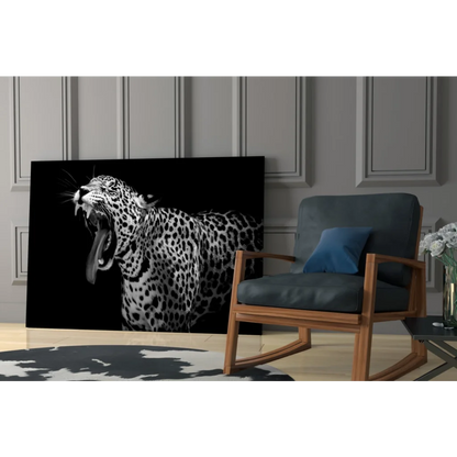 Black and white roaring leopard yawn canvas wall art print