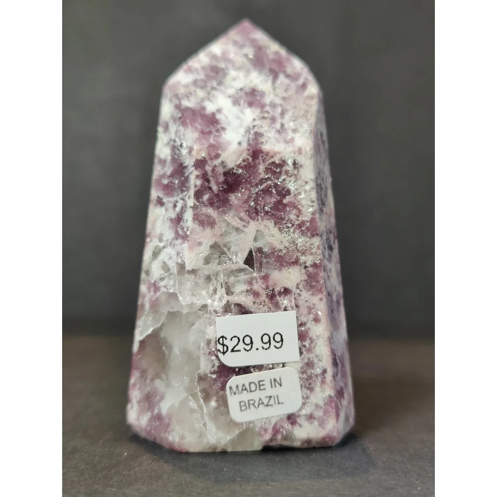 Lepidolite polished obelisk tower sculpture with polished translucent purple and white crystal and pointed top