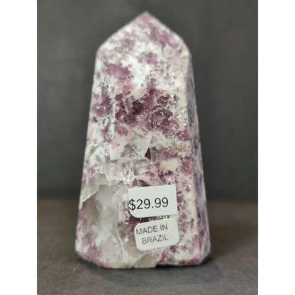 Lepidolite polished obelisk tower sculpture with polished translucent purple and white crystal and pointed top
