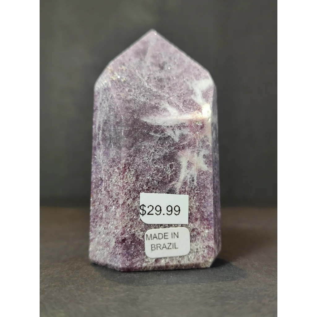 Lepidolite polished obelisk tower sculpture in purple and white amethyst with pointed top made in brazil priced at 29.99