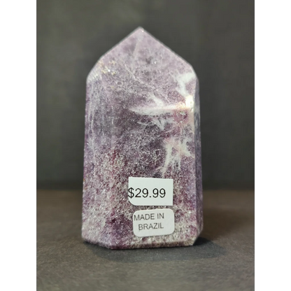 Lepidolite polished obelisk tower sculpture in purple and white amethyst with pointed top made in brazil priced at 29.99
