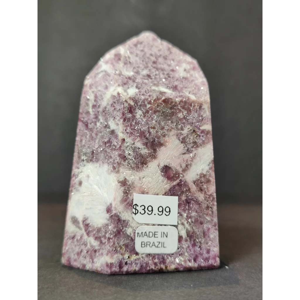 Lepidolite polished obelisk tower sculpture in purple and white with a pointed top made in brazil priced at 39.99