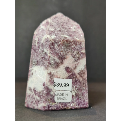 Lepidolite polished obelisk tower sculpture in purple and white with a pointed top made in brazil priced at 39.99