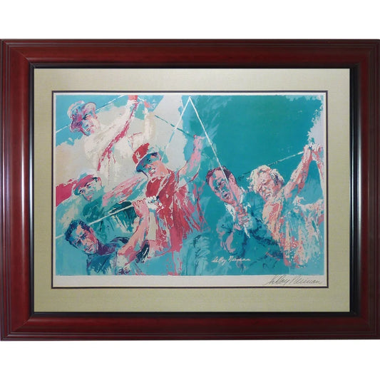 LeRoy Neiman autographed deluxe framed artwork print of vibrant golf legends