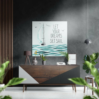Stunning brushed aluminium dibond teal wave sailboat wall art