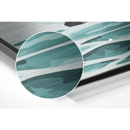 Stunning brushed aluminium dibond teal wave wall art on wood-grain surface
