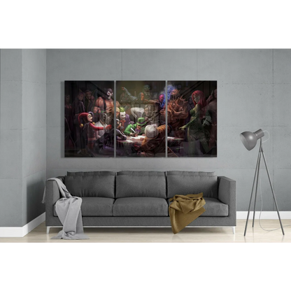 DC Villains glass wall art: three-panel canvas of dramatic villain gathering