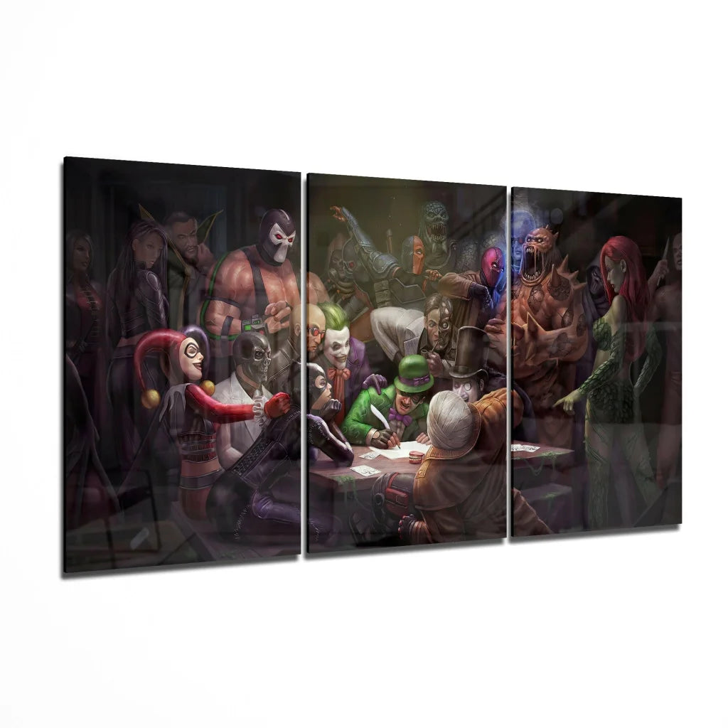 Dark DC Comics villains around table in three-panel glass wall art