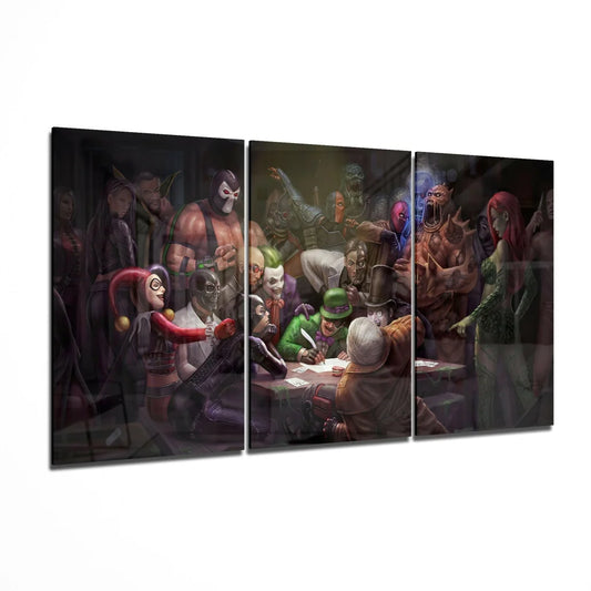 Dark DC Comics villains around table in three-panel glass wall art