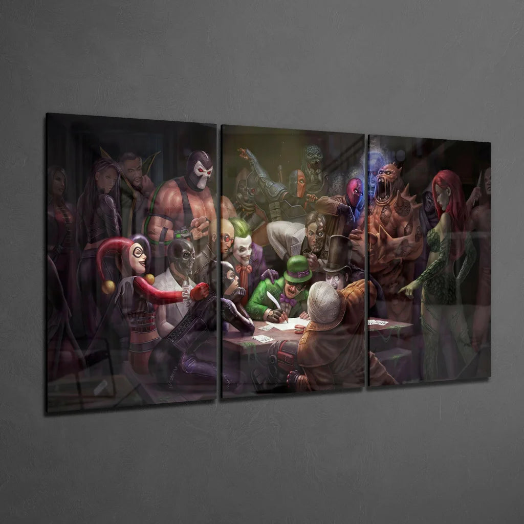 Dark DC Comics villains glass wall art three-panel canvas set