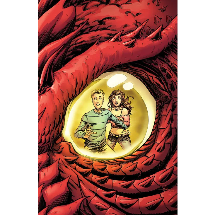 Comic book illustration of two trapped in a dragon’s eye from Unknown Comic Books exclusive
