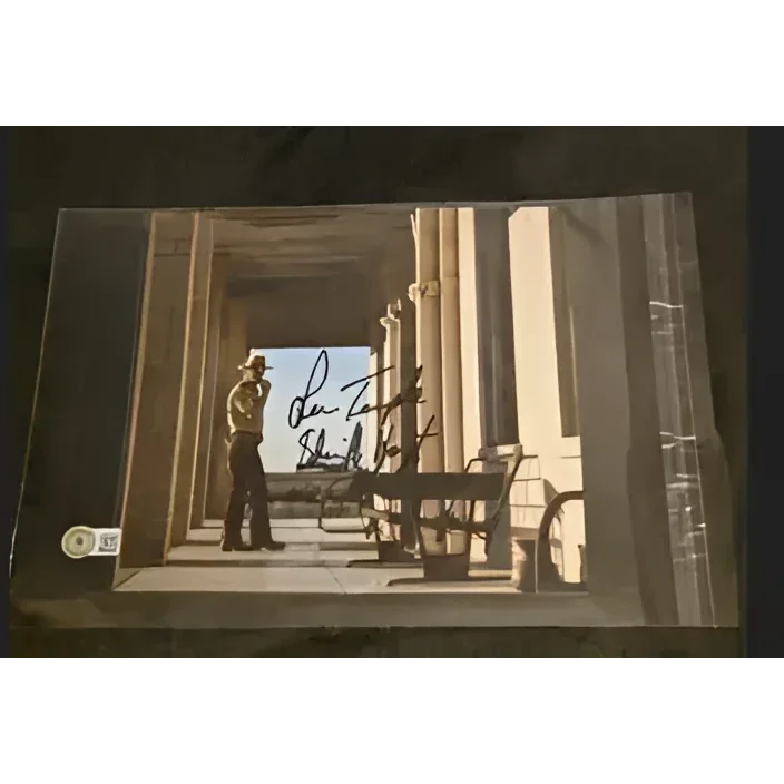 Lew Temple autographed 8x10 photo of man in cowboy hat on porch with COA