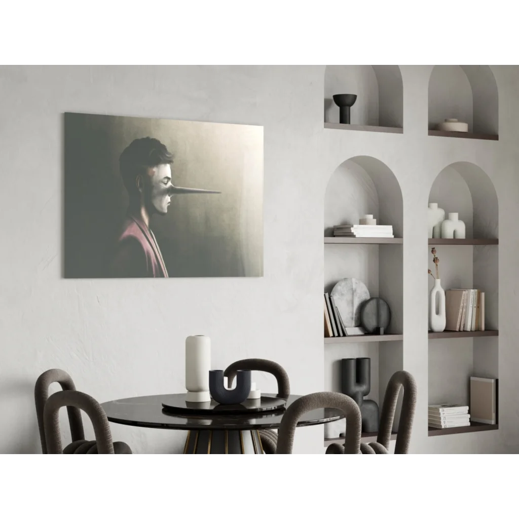 Minimalist elongated nose portrait canvas wall art in sepia tones on white wall