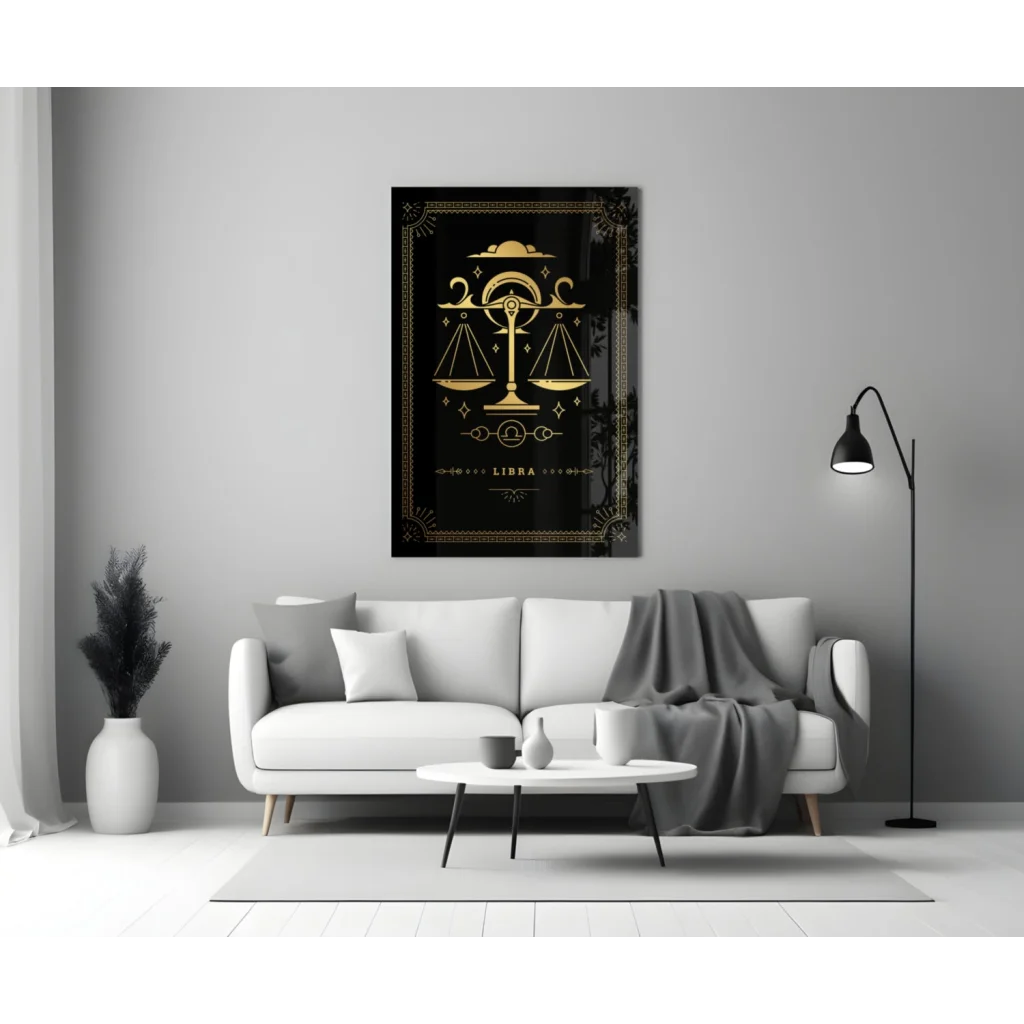 Luxe Libra gold embossed black glass wall art with ornate frame on wall