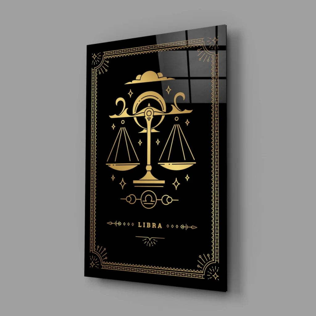 Luxe Libra gold embossed black glass wall art with ornate zodiac symbol
