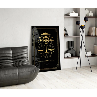 Luxe Libra gold embossed black glass wall art with ornate zodiac symbol