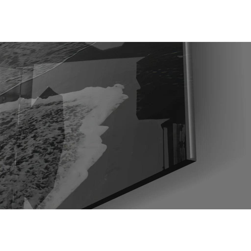 Black and white coastal waves photo in Life Begins glass wall art frame