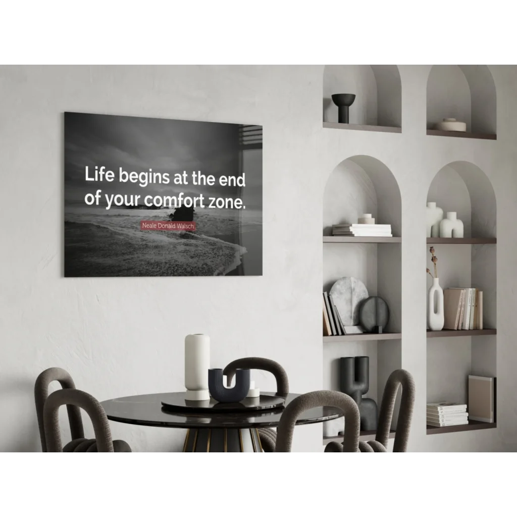 Black and white framed wall art canvas print with Life Begins quote