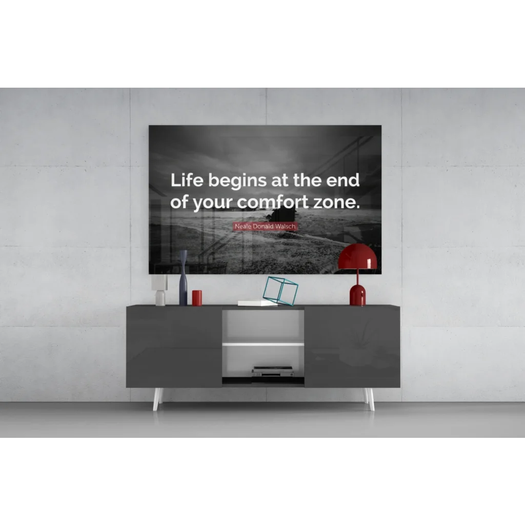 Sleek gray console table with white legs under Life Begins wall art print