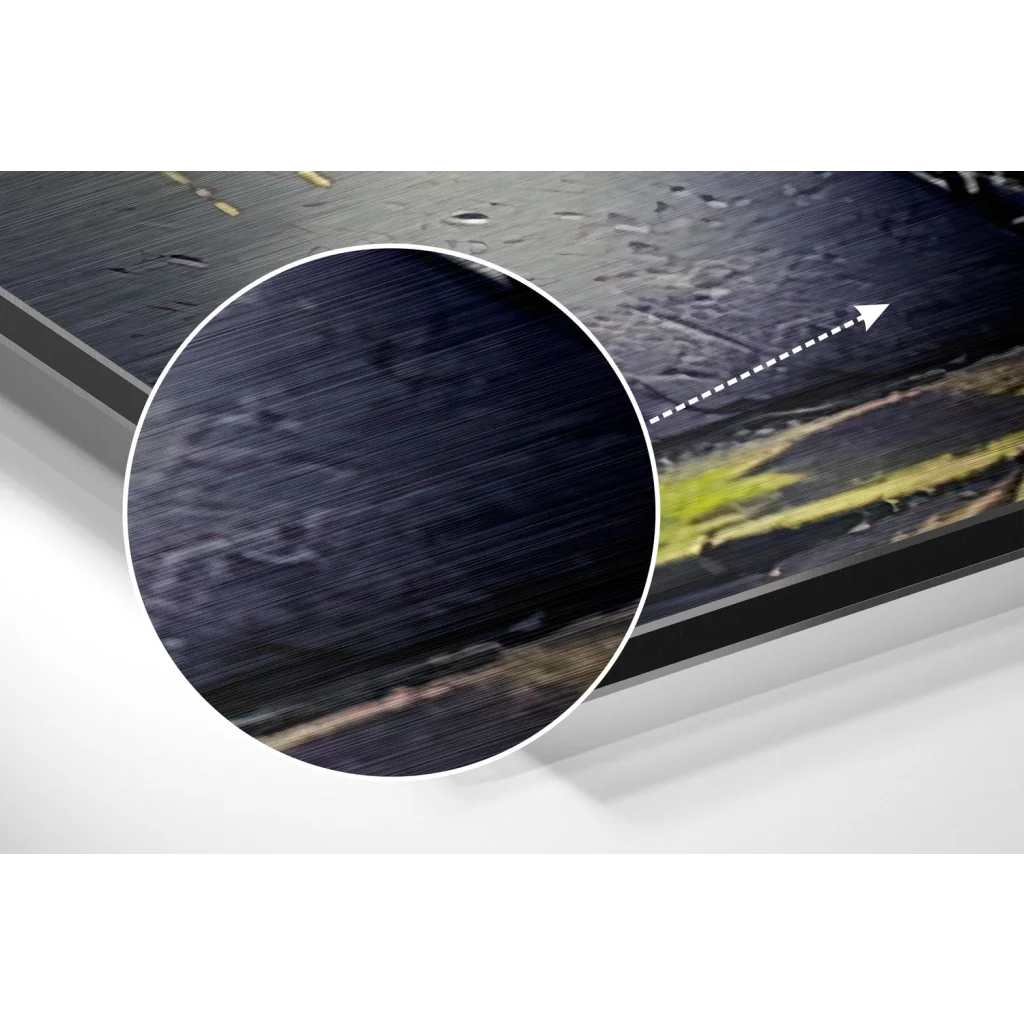 Stunning brushed aluminium dibond wall art with dark textured canvas, yellow streaks, subtle pink, sleek black frame