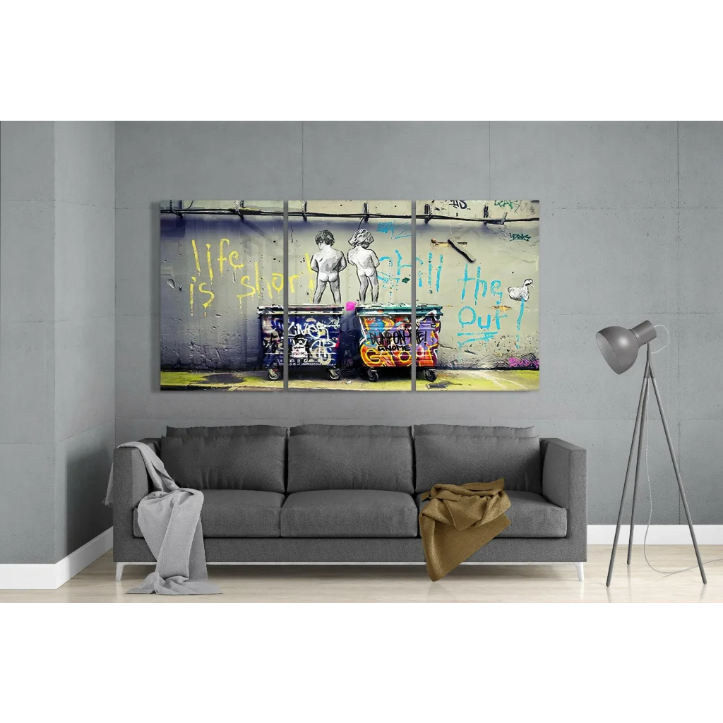 3D printed graffiti wall art of train figures with life is short chill the fuck out text