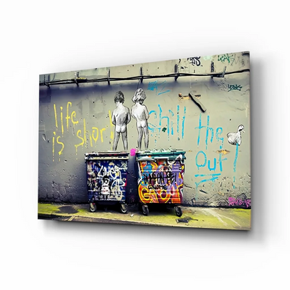 Street graffiti canvas wall art print of nude kids by colorful dumpsters