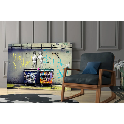 Vibrant chill out street graffiti wall art with kids by colorful dumpster